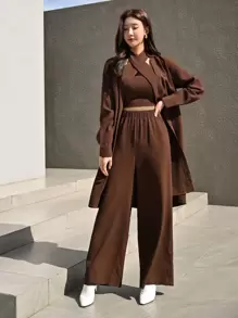 Modelyn Wrap Front Halter Top & Flare Leg Trousers With Coat - Coffee Brown - View 5
