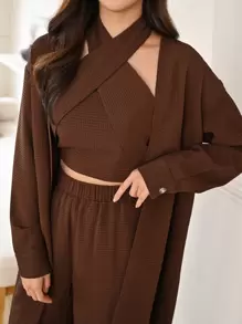 Modelyn Wrap Front Halter Top & Flare Leg Trousers With Coat - Coffee Brown - View 6