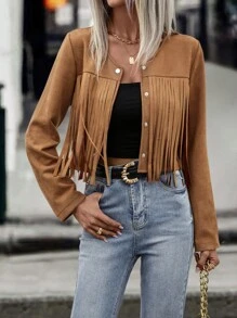 流蘇邊麝皮夾克 - 棕色 - 查看 1