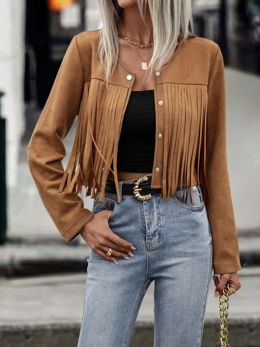 流蘇邊麝皮夾克 - 棕色 - 查看 1