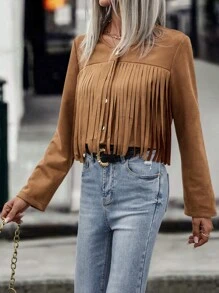 流蘇邊麝皮夾克 - 棕色 - 查看 6