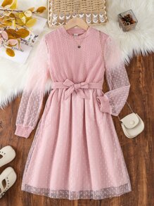 Tween Girl Contrast Dobby Mesh Belted Dress