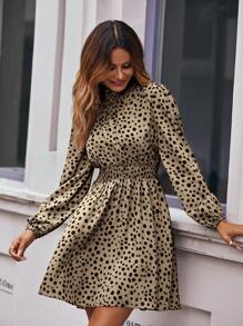 SHEIN Clasi All Over Print Shirred Waist Dress - Khaki - View 6