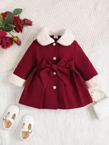 SHEIN Baby Borg Collar Belted Coat - Burgundy - View 1