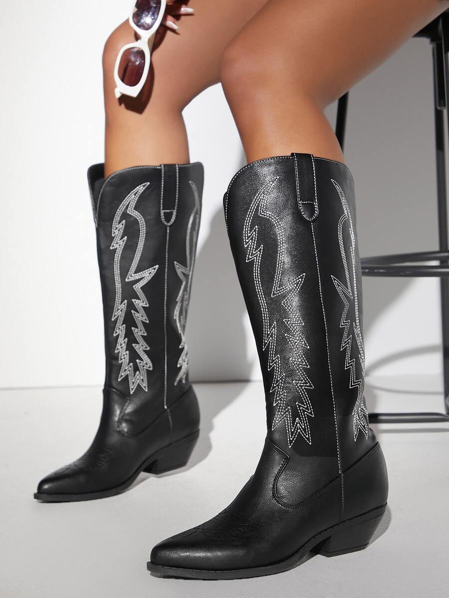Mid Calf Contrast Stitching Western Boots Cowboy Cowgirl Boots For Women - Black - View 1