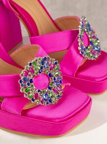 Women Rhinestone Decor Chunky Heeled Ankle Strap Sandals, Glamorous Party Satin Heeled Sandals - Hot Pink - View 3