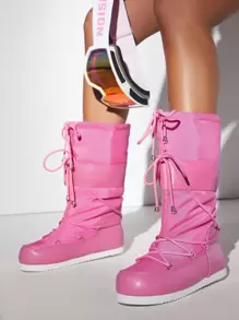 SHUZIA Lace Up Minimalist Puffy Snow Boots - Pink - View 4