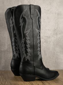 Mid Calf Contrast Stitching Western Boots Cowboy Cowgirl Boots For Women - Black - View 4