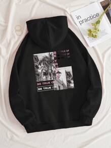 SHEIN EZwear Picture And Slogan Graphic Drawstring Thermal Lined Hoodie - Black - View 1
