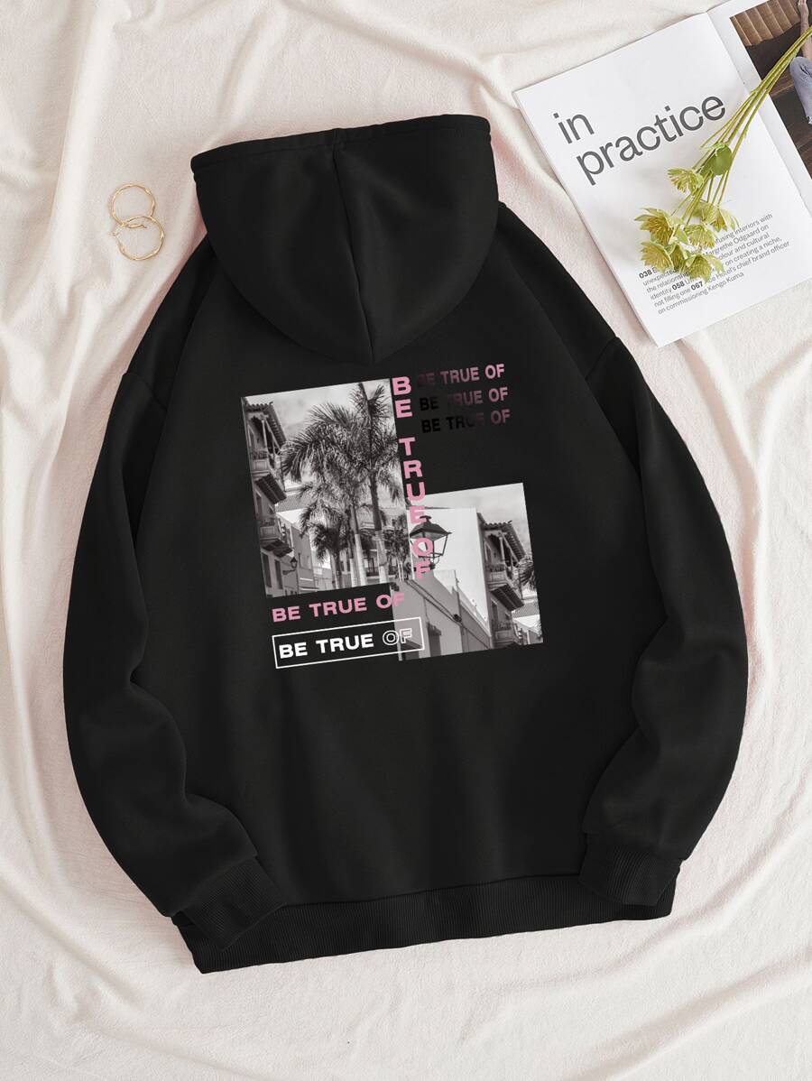SHEIN EZwear Picture And Slogan Graphic Drawstring Thermal Lined Hoodie - Black - View 1