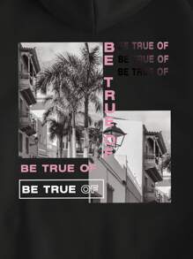 SHEIN EZwear Picture And Slogan Graphic Drawstring Thermal Lined Hoodie - Black - View 6