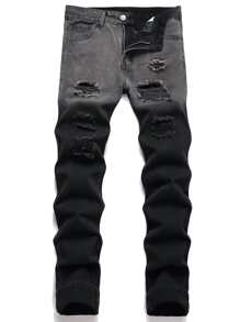 Men Two Tone Ripped Jeans - Black - View 1
