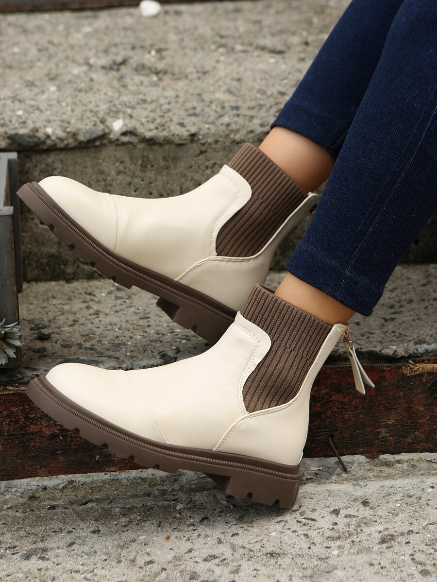 Two Tone Zip Front Faux Suede Sock Boots