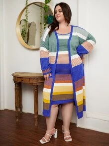 SHEIN CURVE+ Váy len oversized Tương phản ràng buộc Sọc Giải trí - Nhiều màu - Xem 4