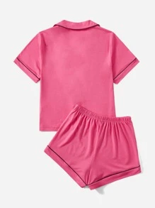 The Powerpuff Girls | ROMWE Bộ đồ ngủ liền thân họa tiết hoạt hình chữ cái tương phản, trường học - Màu Hồng Tươi - Xem 2