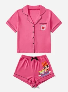 The Powerpuff Girls | ROMWE Bộ đồ ngủ liền thân họa tiết hoạt hình chữ cái tương phản, trường học - Màu Hồng Tươi - Xem 5