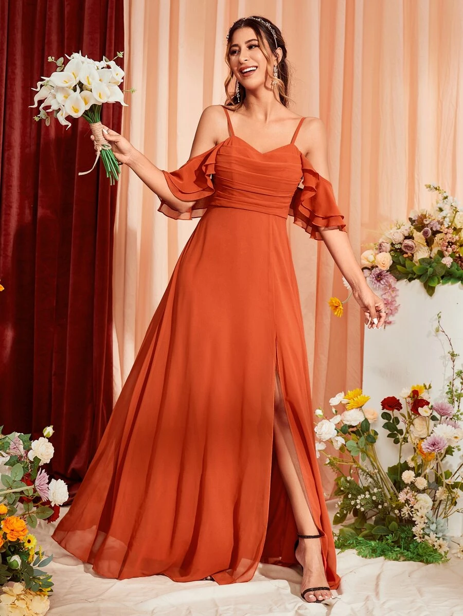 Cold Shoulder Ruched Split Thigh Chiffon Bridesmaid Dress Elegant Dress - Orange - View 1