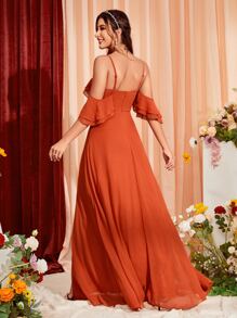 Cold Shoulder Ruched Split Thigh Chiffon Bridesmaid Dress Elegant Dress - Orange - View 2