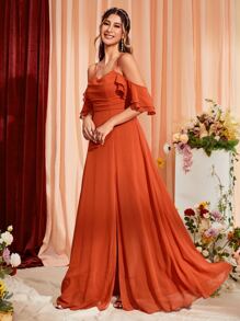 Cold Shoulder Ruched Split Thigh Chiffon Bridesmaid Dress Elegant Dress - Orange - View 3