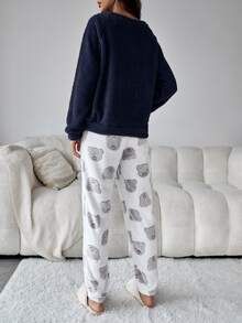 卡通刺繡插肩袖法蘭絨休閒服套裝 - 藏蓝色 - 查看 2