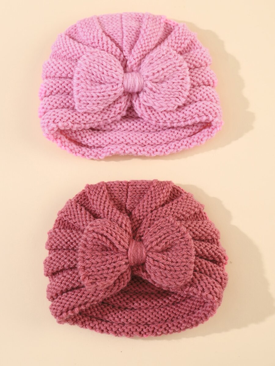 2pcs/Set Autumn & Winter Knitted Baby Hat With Decorative Bowknot For Infants Aged 0-5 Months - Pink - View 1
