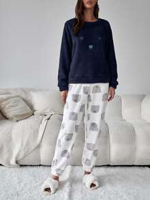 卡通刺繡插肩袖法蘭絨休閒服套裝 - 藏蓝色 - 查看 3