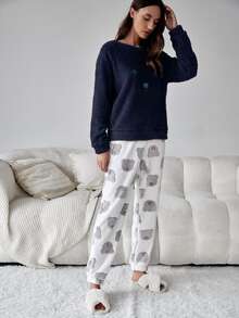 卡通刺繡插肩袖法蘭絨休閒服套裝 - 藏蓝色 - 查看 4