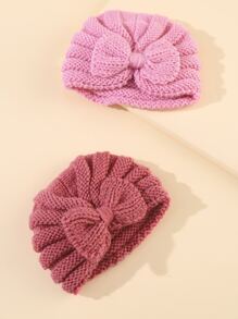 2pcs/Set Autumn & Winter Knitted Baby Hat With Decorative Bowknot For Infants Aged 0-5 Months - Pink - View 4
