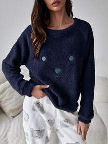 卡通刺繡插肩袖法蘭絨休閒服套裝 - 藏蓝色 - 查看 5