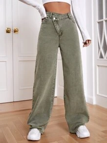 SHEIN EZwear High Waist Wide Leg Jeans - Army Green - View 1