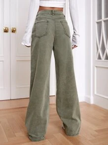 SHEIN EZwear High Waist Wide Leg Jeans - Army Green - View 2