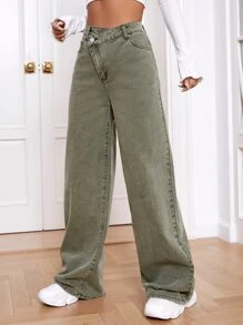 SHEIN EZwear High Waist Wide Leg Jeans - Army Green - View 3