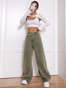SHEIN EZwear High Waist Wide Leg Jeans - Army Green - View 4