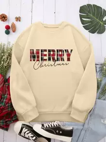 SHEIN EZwear Letter Graphic Round Neck Sweatshirt - Khaki - View 1