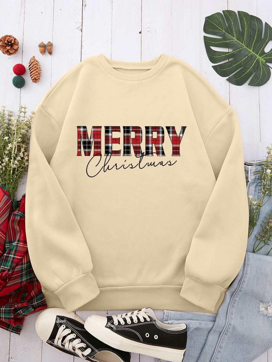 SHEIN EZwear Letter Graphic Round Neck Sweatshirt - Khaki - View 1