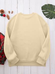 SHEIN EZwear Letter Graphic Round Neck Sweatshirt - Khaki - View 2