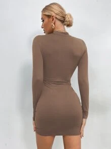 Chiquease Mock Neck Drawstring Front Bodycon Dress Fall Cloth For Women - Coffee Brown - View 2
