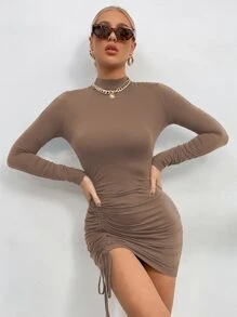 Chiquease Mock Neck Drawstring Front Bodycon Dress Fall Cloth For Women - Coffee Brown - View 3