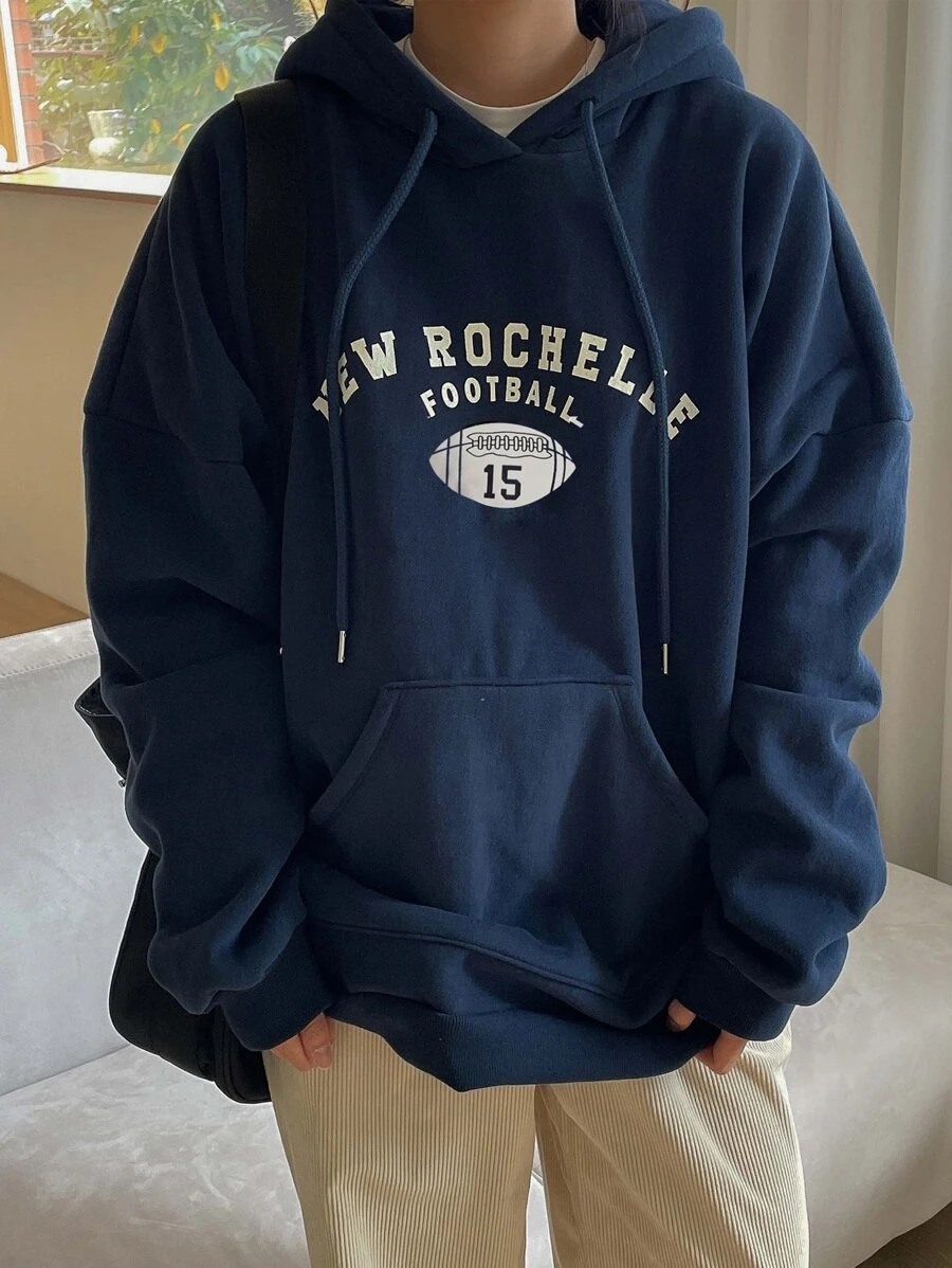 DAZY Letter Graphic Drop Shoulder Kangaroo Pocket Drawstring Hoodie - Navy Blue - View 1