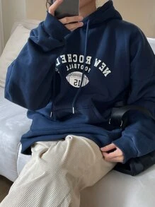 DAZY Letter Graphic Drop Shoulder Kangaroo Pocket Drawstring Hoodie - Navy Blue - View 3