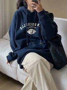 DAZY Letter Graphic Drop Shoulder Kangaroo Pocket Drawstring Hoodie - Navy Blue - View 4