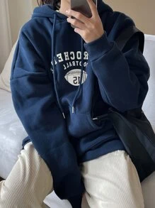 DAZY Letter Graphic Drop Shoulder Kangaroo Pocket Drawstring Hoodie - Navy Blue - View 5