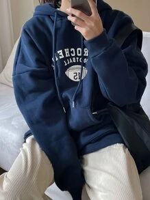 DAZY Letter Graphic Drop Shoulder Kangaroo Pocket Drawstring Hoodie - Navy Blue - View 7