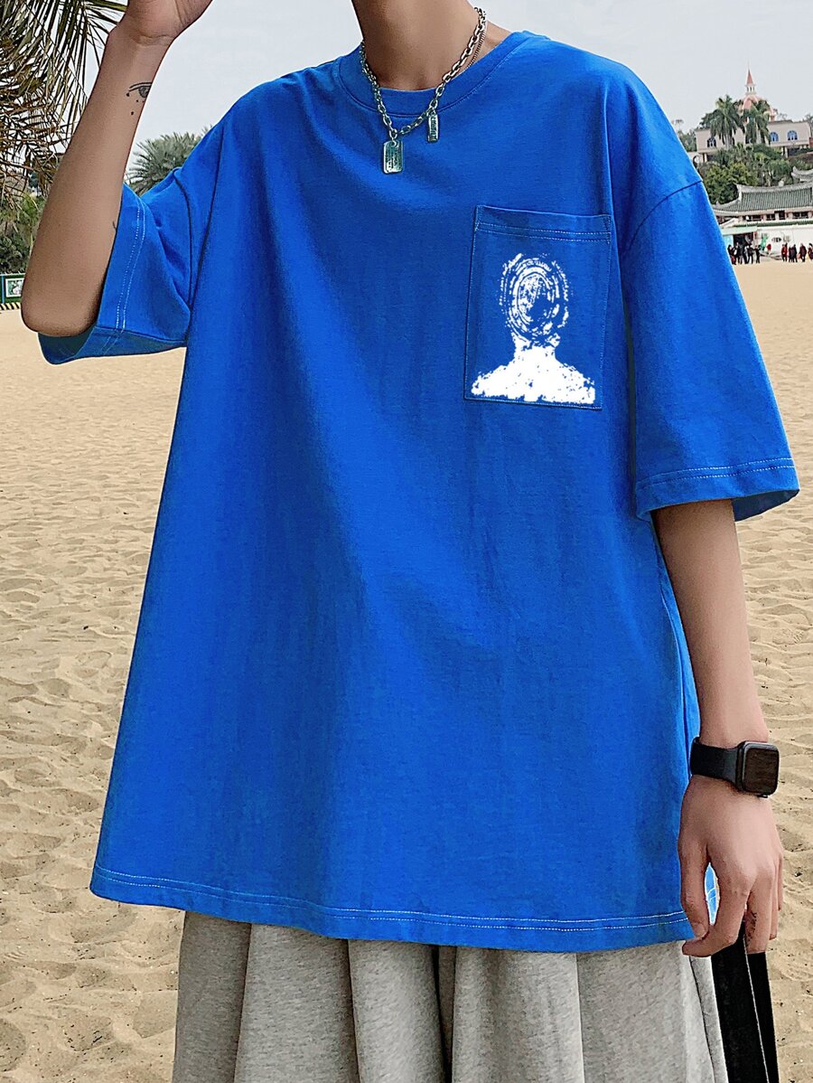 Hombres Camiseta de hombros caídos con estampado de dibujo con puntada - azul real - Ver 1