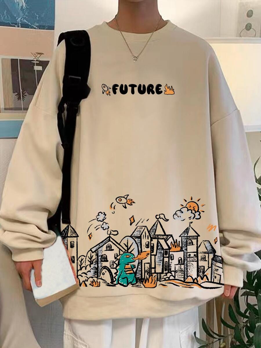 Manfinity Hypemode Loose-Fit Men's Thermal Lined Sweatshirt With Cartoon And Letter Print - Apricot - View 1