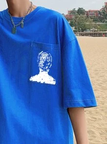 Hombres Camiseta de hombros caídos con estampado de dibujo con puntada - azul real - Ver 5