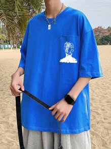 Hombres Camiseta de hombros caídos con estampado de dibujo con puntada - azul real - Ver 6