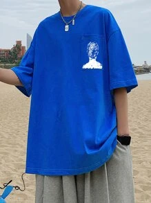 Hombres Camiseta de hombros caídos con estampado de dibujo con puntada - azul real - Ver 7