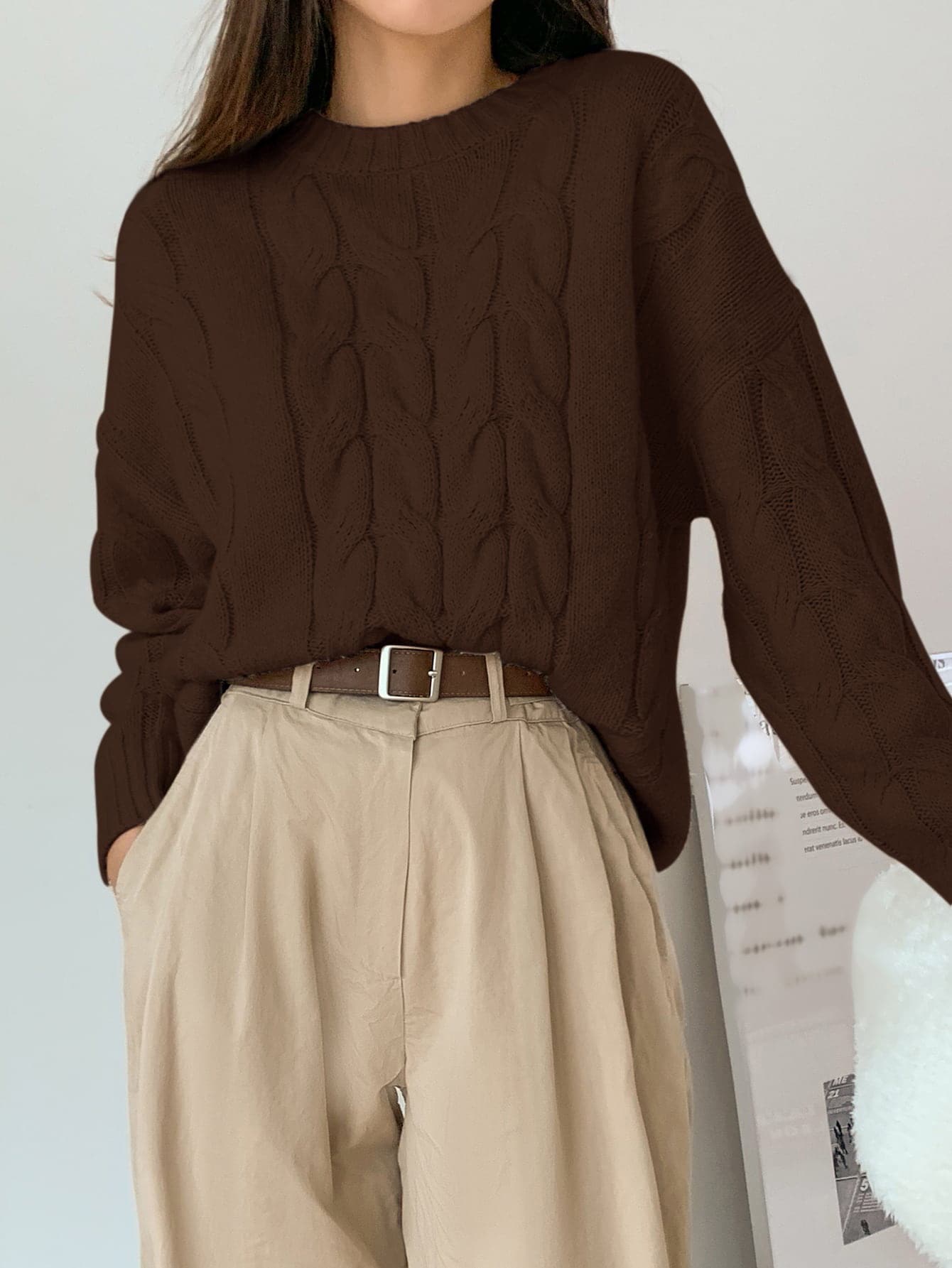 Solid Cable Knit Drop Shoulder Sweater
