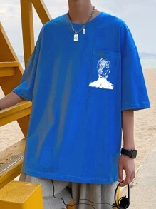 Hombres Camiseta de hombros caídos con estampado de dibujo con puntada - azul real - Ver 8